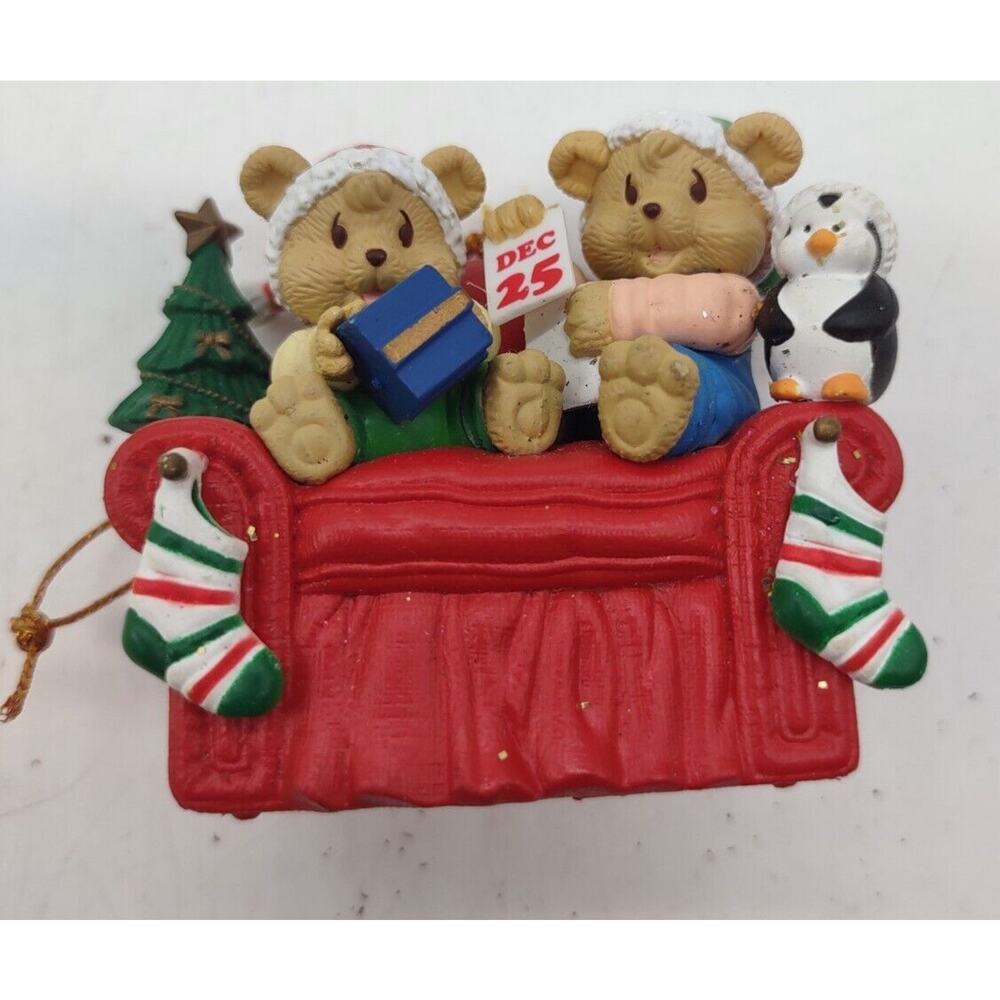 Teddy Bear Christmas Morning Ornament Dec. 25 Opening Presents 1997 Vintage